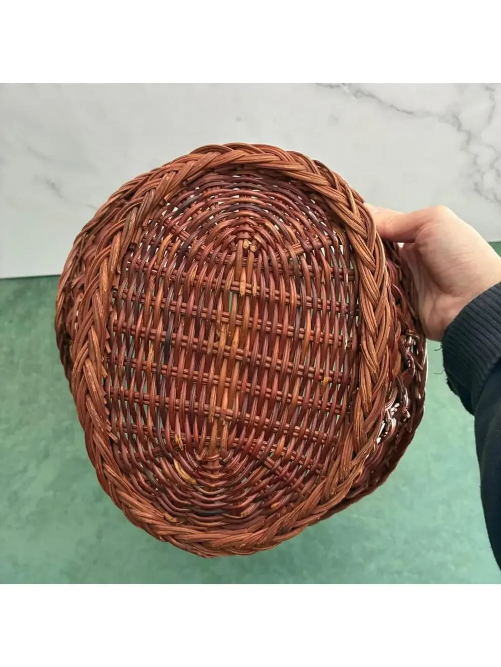 Vintage Wicker Gathering Basket With Wrapped Handle Scalloped Rim Farmhouse Deco
